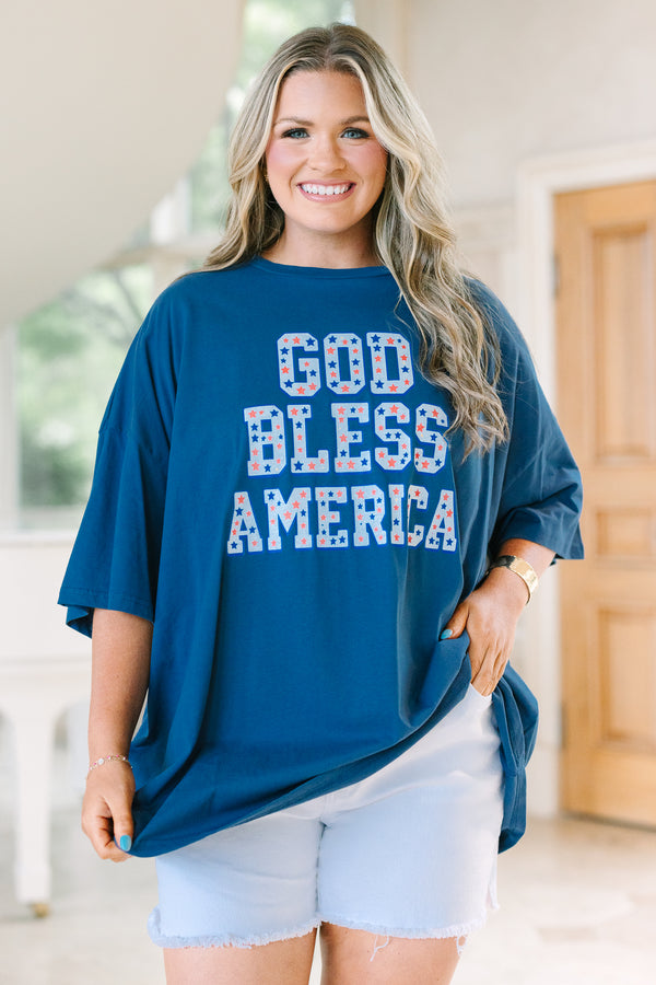 Chic Soul plus size clothing, navy short sleeve boyfriend tee with graphic of 