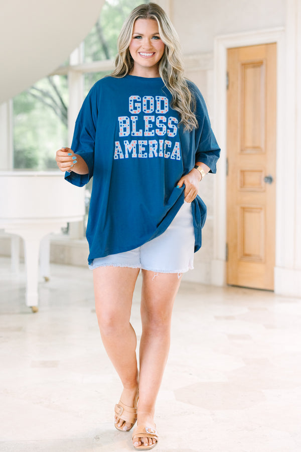 Chic Soul plus size clothing, navy short sleeve boyfriend tee with graphic of 