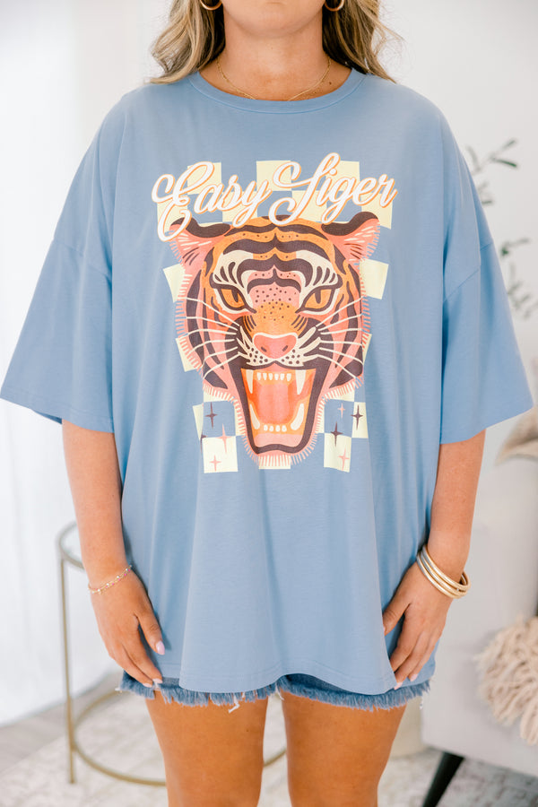 Chic Soul plus size clothing, blue short sleeve boyfriend tee with tiger graphic and 