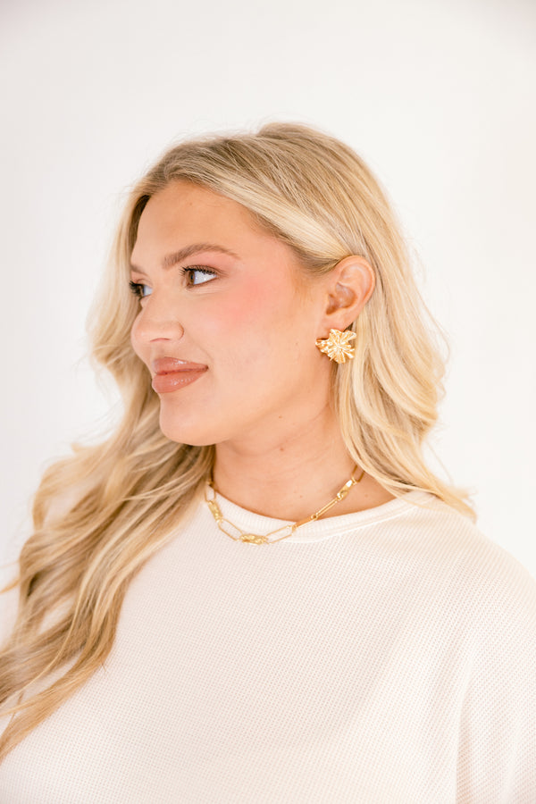 Chic Soul plus size clothing, gold floral pendant earrings