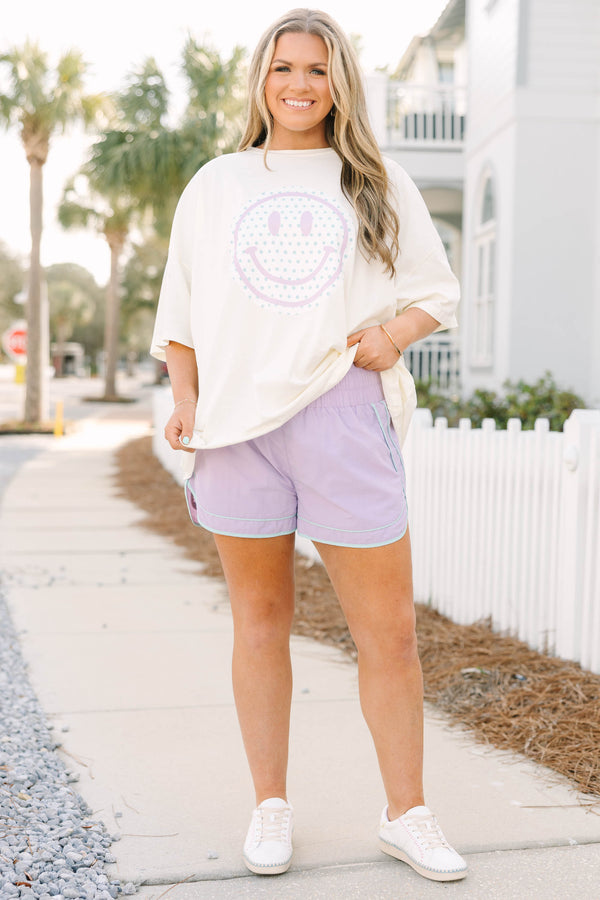 Chic Soul plus size clothing, lavender athletic shorts with thick stretchy waistband and aqua outlining along the sides and bottom of shorts