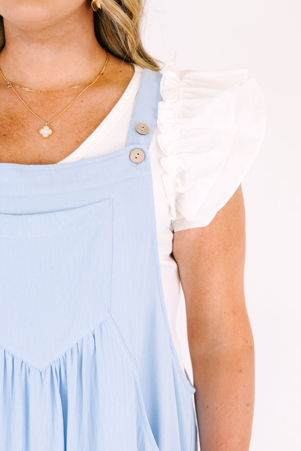 Chic Soul plus size clothing, baby blue tiered overall dress with a big pocket on the center of the chest as well as pockets around the sides of the dress