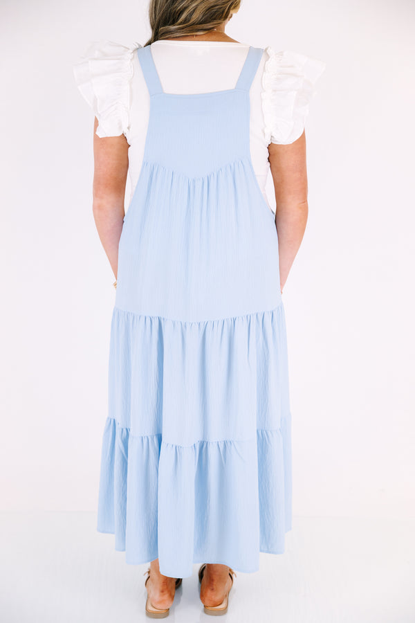 Chic Soul plus size clothing, baby blue tiered overall dress with a big pocket on the center of the chest as well as pockets around the sides of the dress