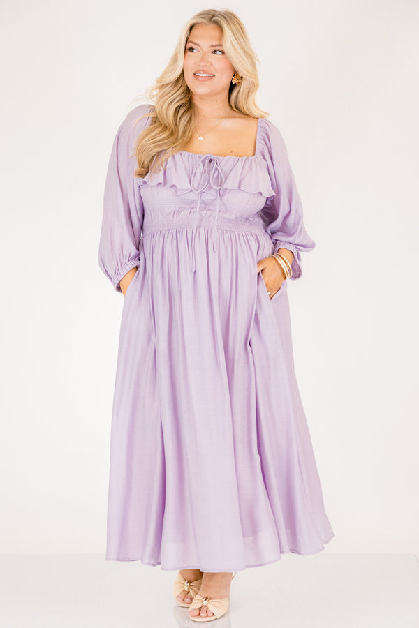 Chic Soul plus size clothing, light purple long sleeve square neck maxi dress with ruffle along the neckline and a tie in the center of the chest