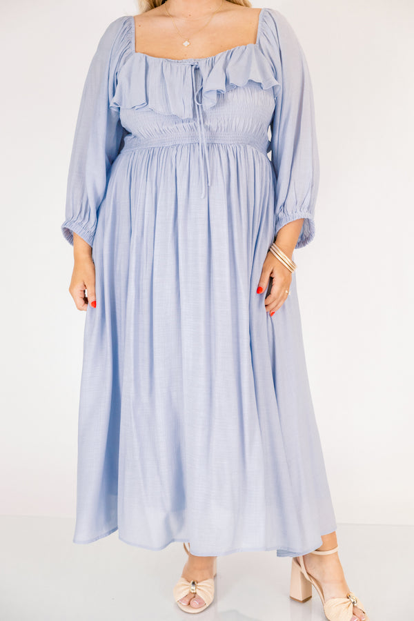 Chic Soul plus size clothing, light blue long sleeve square neck maxi dress with smocking and a ruffle along the neckline and a tie in the center of the chest