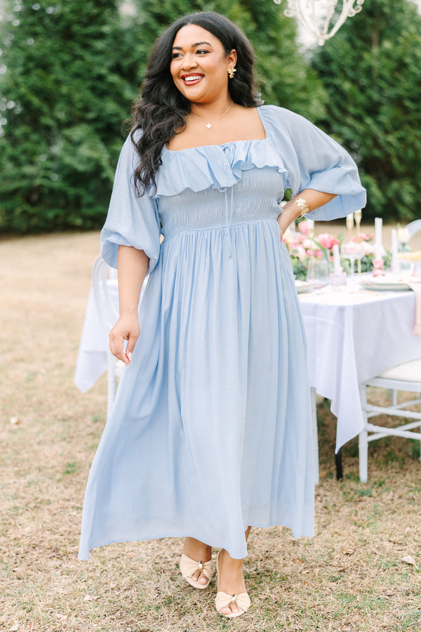 Chic Soul plus size clothing, light blue long sleeve square neck maxi dress with smocking and a ruffle along the neckline and a tie in the center of the chest