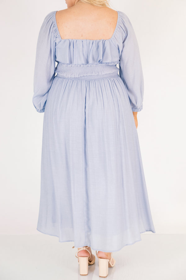 Chic Soul plus size clothing, light blue long sleeve square neck maxi dress with smocking and a ruffle along the neckline and a tie in the center of the chest