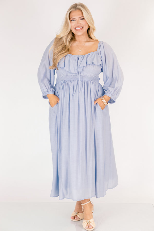 Chic Soul plus size clothing, light blue long sleeve square neck maxi dress with smocking and a ruffle along the neckline and a tie in the center of the chest