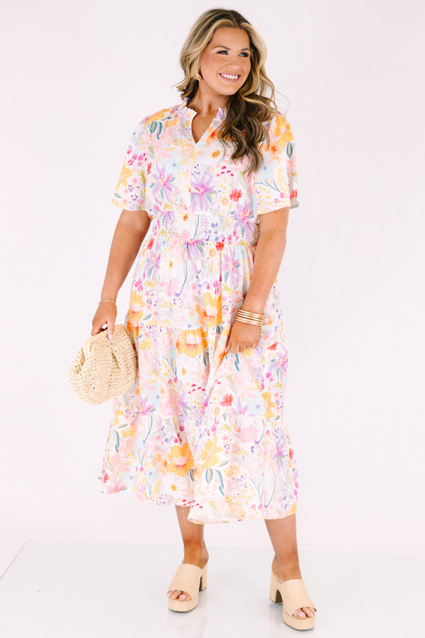 Chic Soul plus size clothing, white maxi dress with short sleeves a cinched waist a slight v-neckline and a multi-color floral pattern throughout 