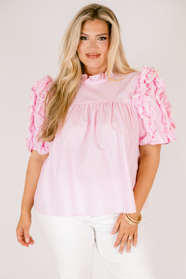 Chic Soul plus size clothing, light pink top with short sleeves that have ruffle detailing throughout the sleeve as well as a small ruffled collar 