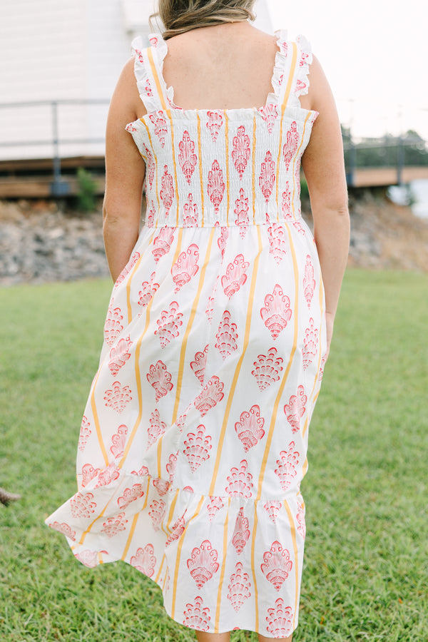 Plus Size white midi dress with pink block print patterns, yellow stripes, and a smocked bodice.