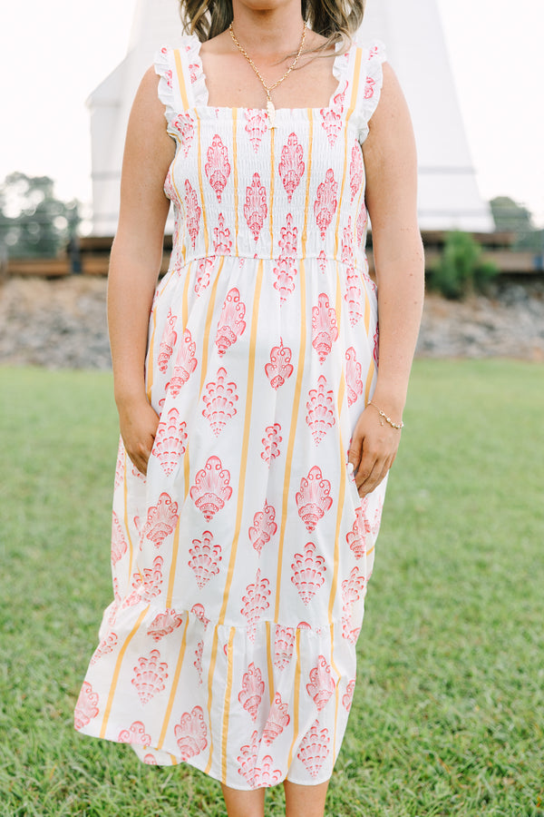 Plus Size white midi dress with pink block print patterns, yellow stripes, and a smocked bodice.