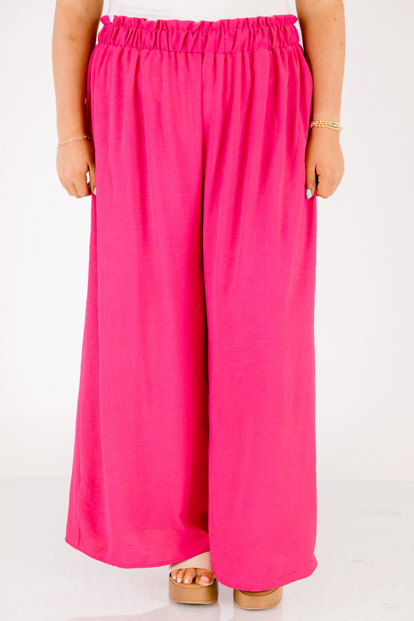 Chic Soul plus size clothing, hot pink elastic waistband flowy straight leg pants