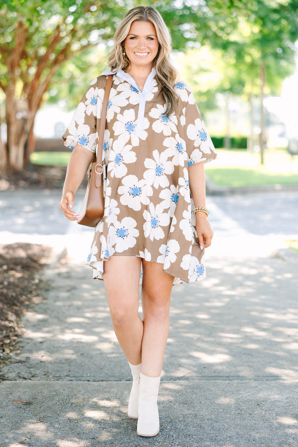 Plus size Human Nature Dress in brown with a white floral print, flowy fit, and collared neckline.