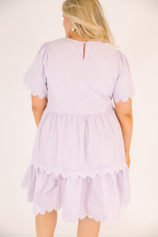 Chic Soul plus size clothing, light lilac purple short sleeve tiered baby doll dress with scalloped detailing on the edges of the sleeves and at the bottom of each tier