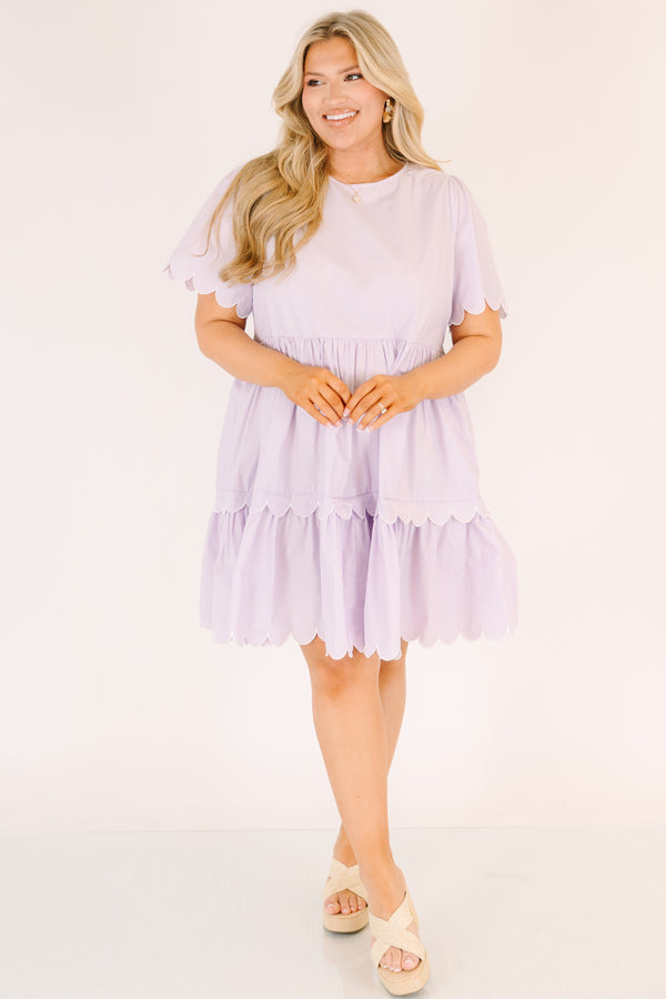 Chic Soul plus size clothing, light lilac purple short sleeve tiered baby doll dress with scalloped detailing on the edges of the sleeves and at the bottom of each tier