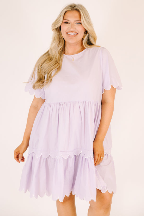 Chic Soul plus size clothing, light lilac purple short sleeve tiered baby doll dress with scalloped detailing on the edges of the sleeves and at the bottom of each tier