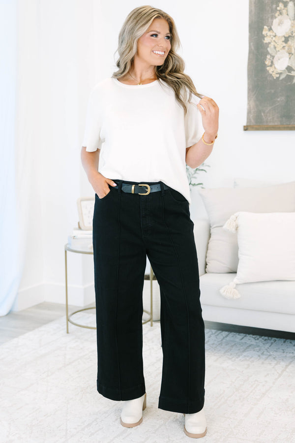 Plus size black wide leg jeans with front seam detail and a comfortable high-waisted fit.