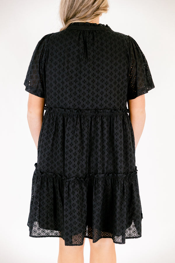 Chic Soul plus size clothing, black short sleeve tiered baby doll dress with eyelet detailing fabric and  v neckline