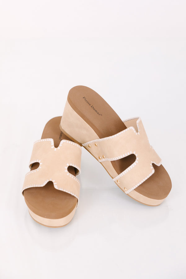 Chic Soul plus size clothing, nude wedge  with a strap going across the top of the foot with that has a H shape and gold accents on the side of the wedge 