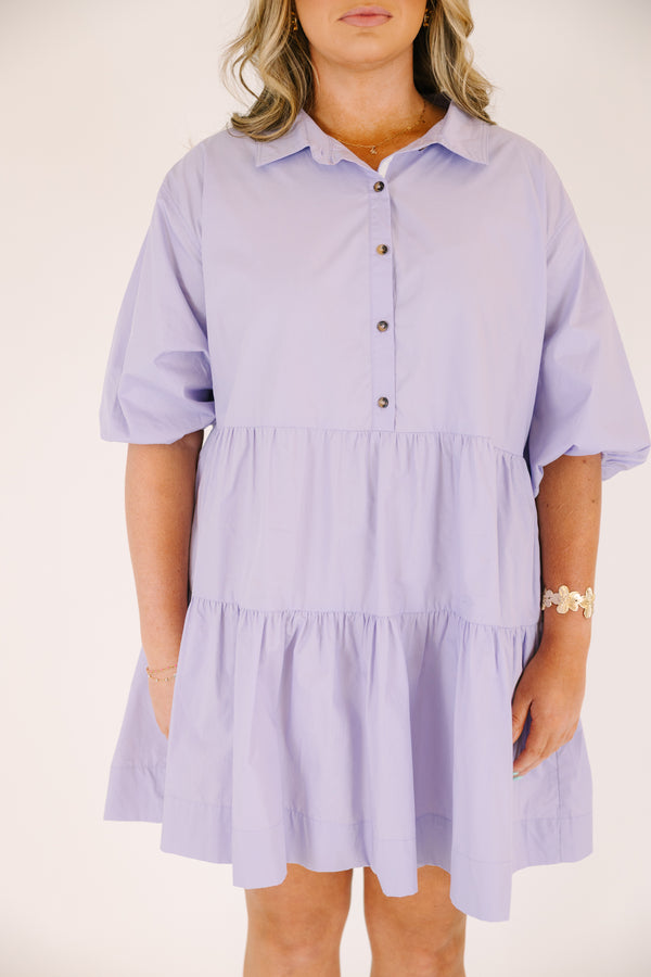 Chic Soul plus size clothing, lavender tiered knee length dress with buttons going down to the chest as well as bubble sleeves and a collar