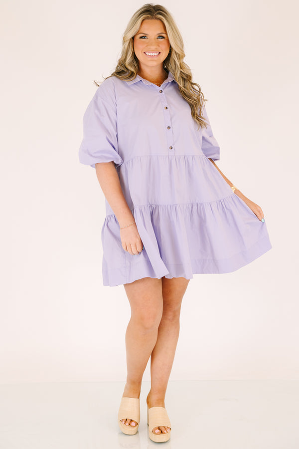 Chic Soul plus size clothing, lavender tiered knee length dress with buttons going down to the chest as well as bubble sleeves and a collar