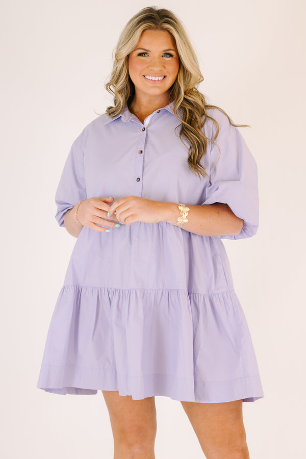 Chic Soul plus size clothing, lavender tiered knee length dress with buttons going down to the chest as well as bubble sleeves and a collar