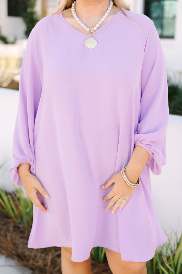 Chic Soul plus size clothing, lilac purple long sleeve short dress with cinching at the bottom of the sleeves and a soft v-neckline