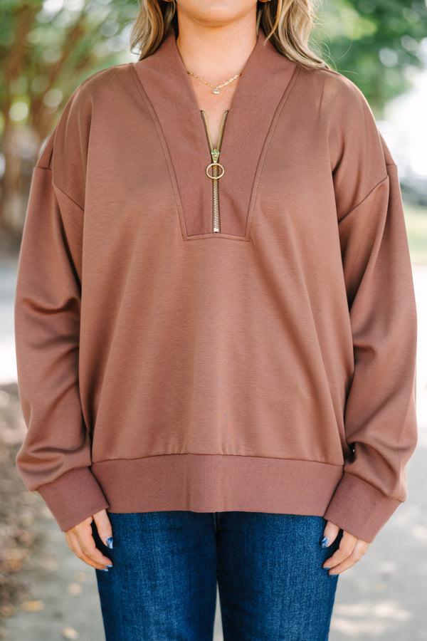 Plus Size brown scuba half-zip pullover with a gold ring zipper pull and ribbed hem and cuffs.