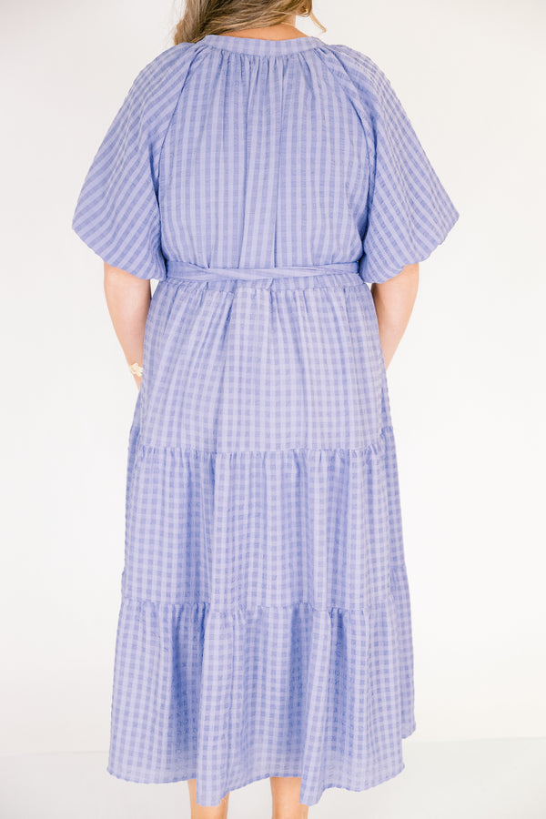 Chic Soul plus size clothing, blue short puff sleeve tiered maxi dress with tie belt at the waist and v neck cutout 