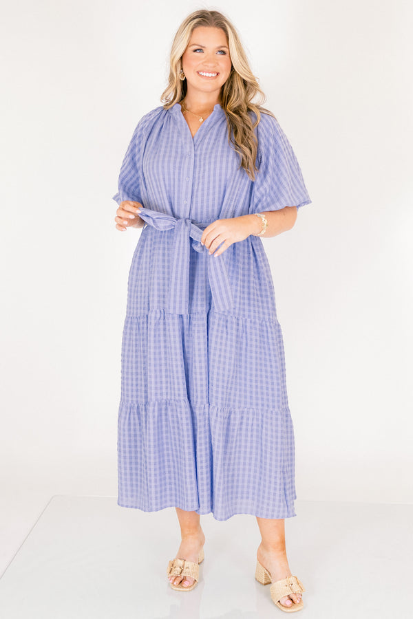 Chic Soul plus size clothing, blue short puff sleeve tiered maxi dress with tie belt at the waist and v neck cutout 