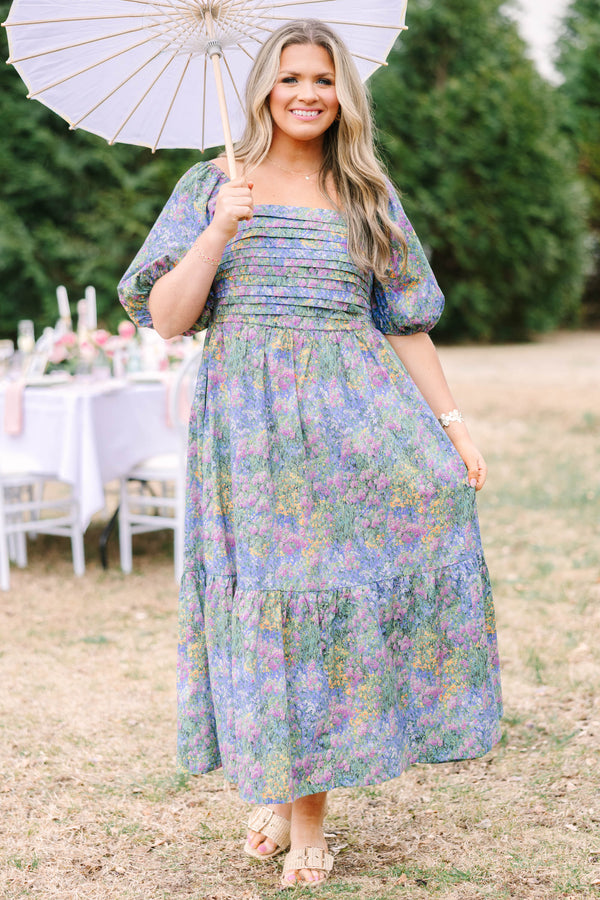 Chic Soul plus size clothing, floral mix tiered maxi dress with bubble sleeves and a square neckline and rouching on the chest