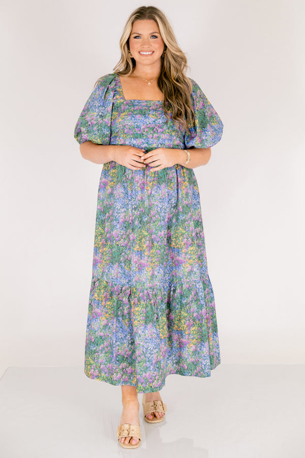 Chic Soul plus size clothing, floral mix tiered maxi dress with bubble sleeves and a square neckline and rouching on the chest
