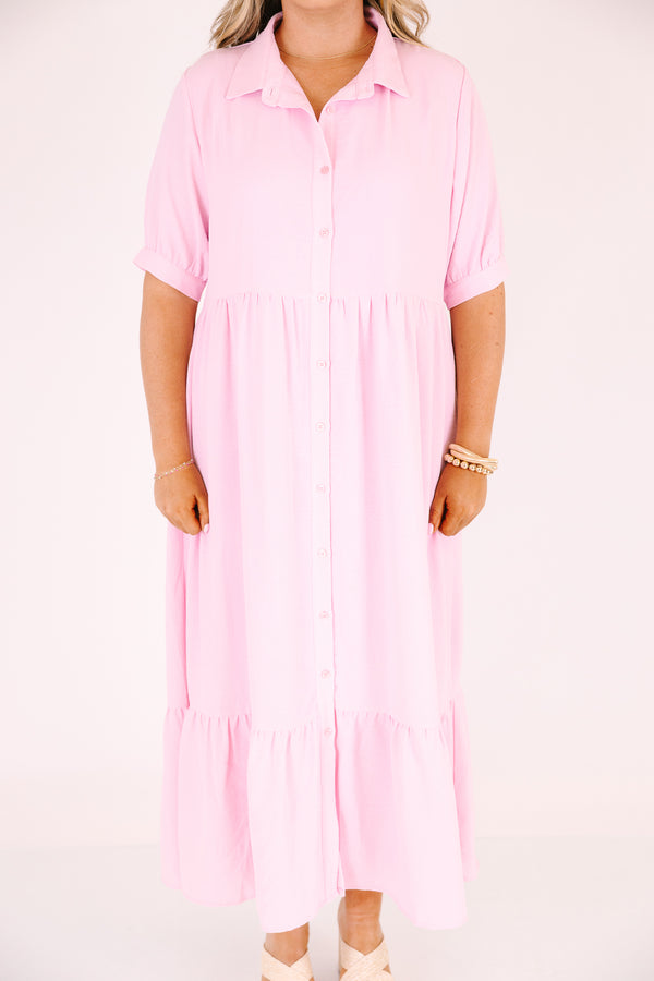 Chic Soul plus size clothing, baby pink button-up maxi dress with short sleeves and a flare out at the end of the dress 