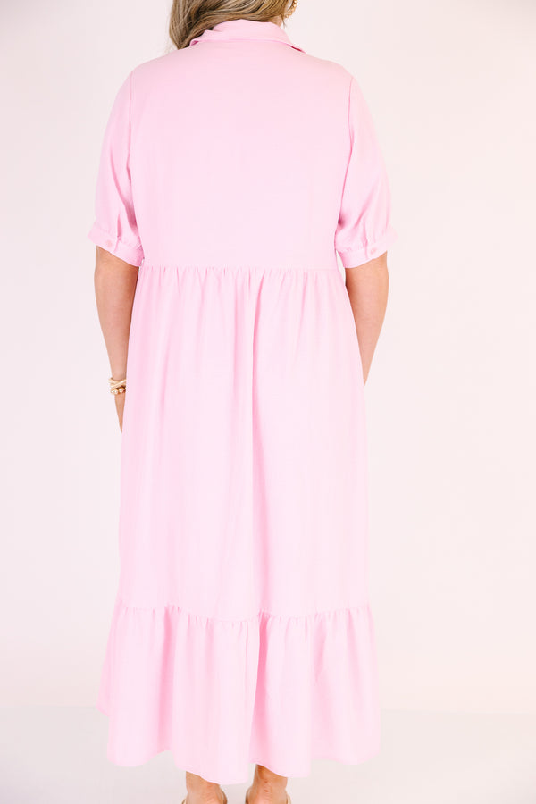 Chic Soul plus size clothing, baby pink button-up maxi dress with short sleeves and a flare out at the end of the dress 
