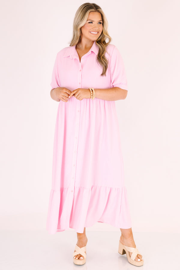 Chic Soul plus size clothing, baby pink button-up maxi dress with short sleeves and a flare out at the end of the dress 