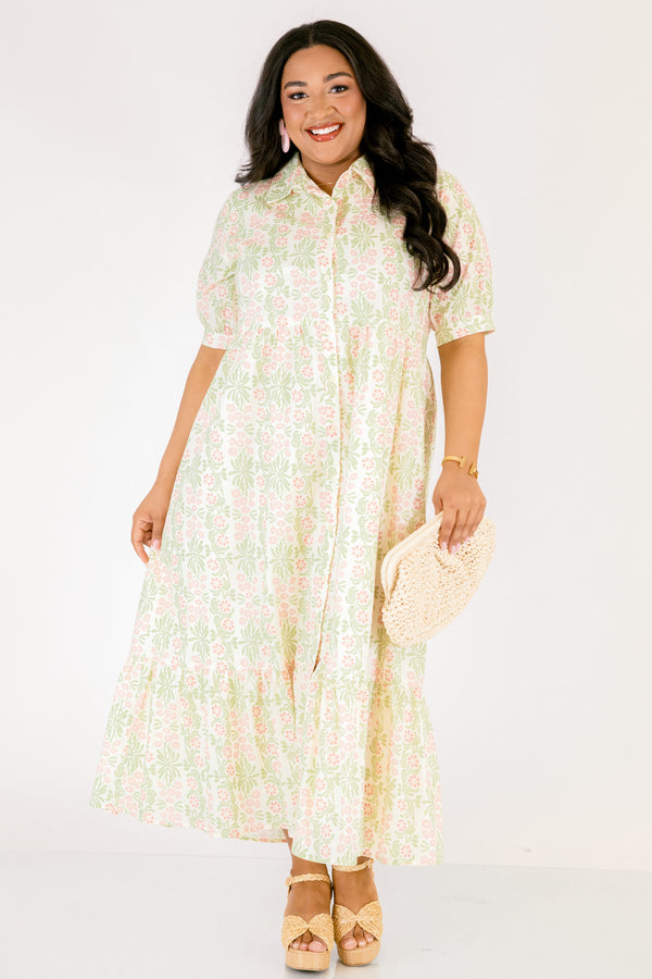 Chic Soul plus size clothing,  pink floral button up maxi dress with short sleeves that have cuffs at each end as well as a collar and a pink and green floral pattern throughout
