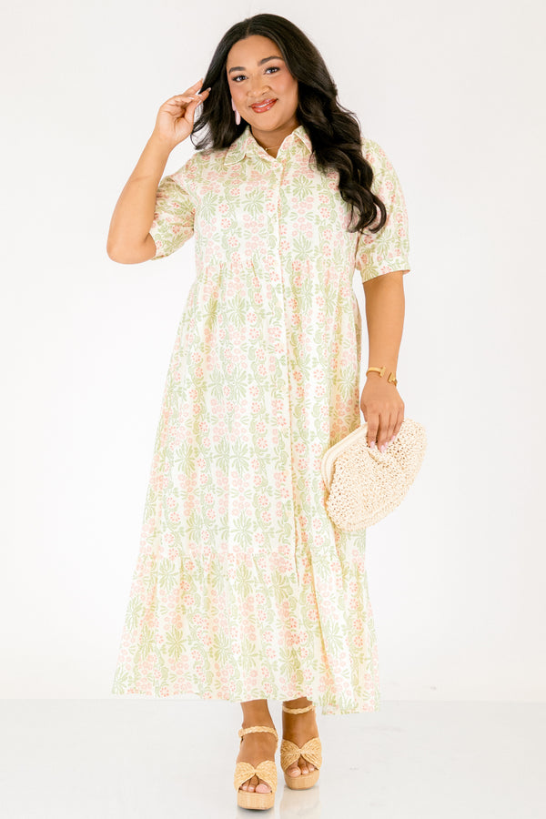 Chic Soul plus size clothing,  pink floral button up maxi dress with short sleeves that have cuffs at each end as well as a collar and a pink and green floral pattern throughout
