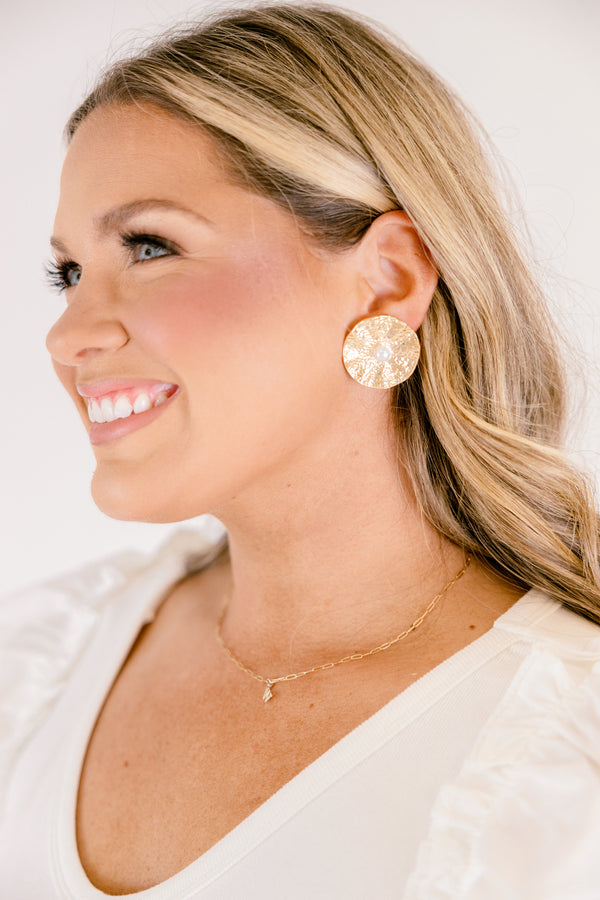 Chic Soul plus size clothing, circular gold metal stud earrings with a pearl detail in the middle 