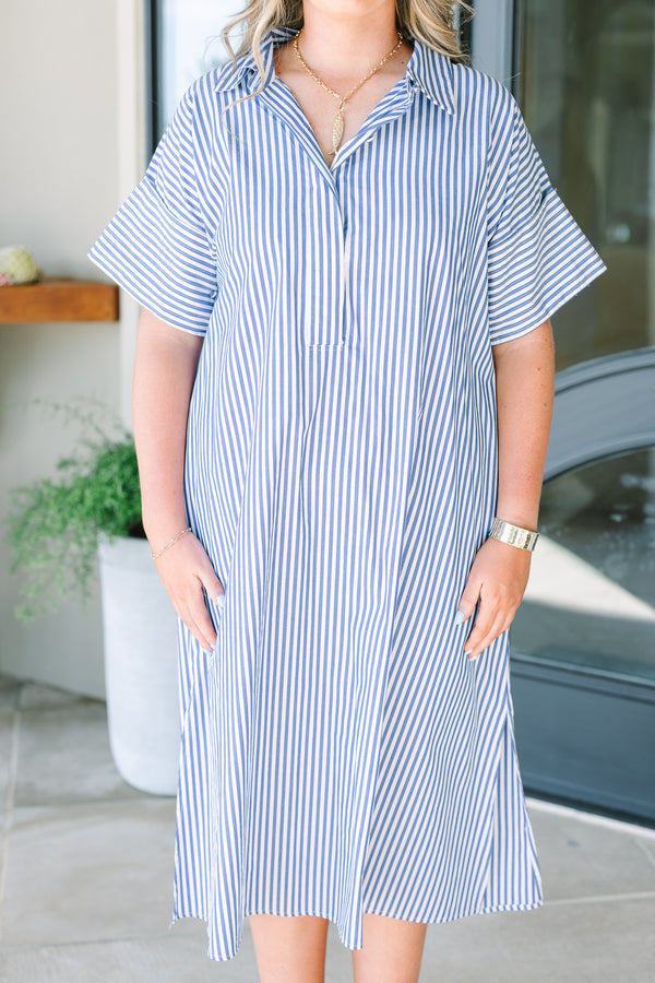 Plus Size blue and white vertical striped cotton shirt dress with a collar and short sleeves.