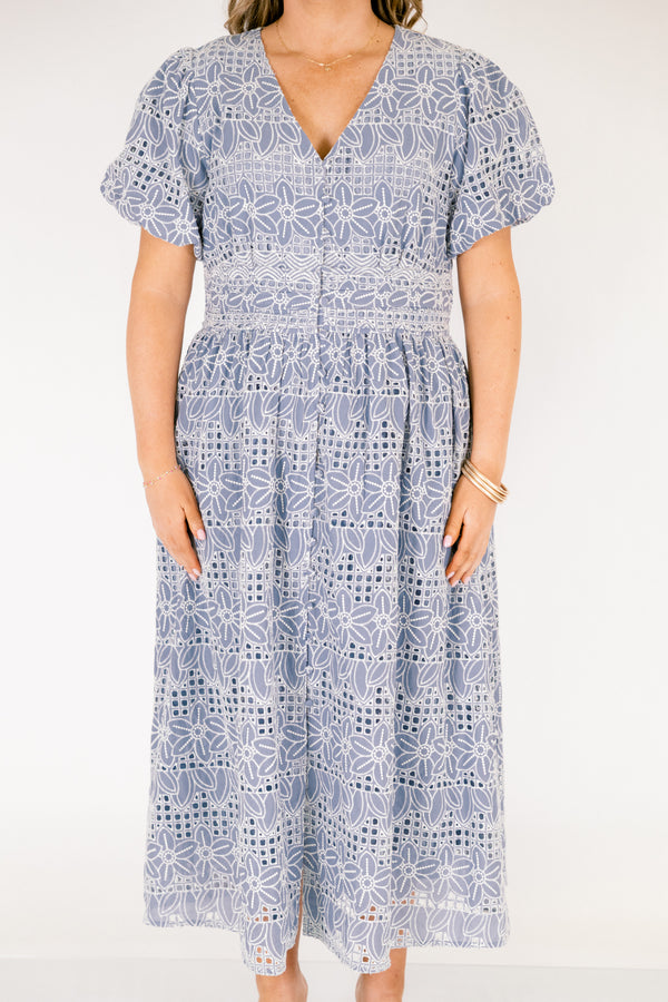Chic Soul plus size clothing, ice blue maxi dress with bubble sleeves a v-neckline and a white eyelet floral pattern throughout the dress 