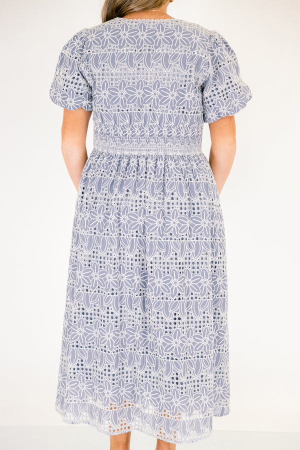 Chic Soul plus size clothing, ice blue maxi dress with bubble sleeves a v-neckline and a white eyelet floral pattern throughout the dress 