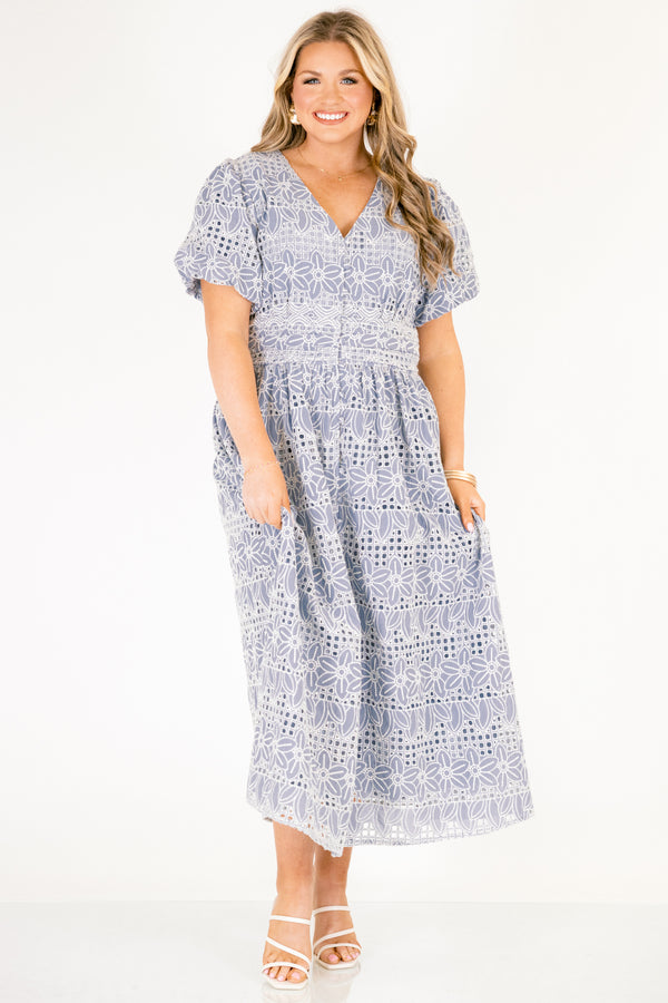 Chic Soul plus size clothing, ice blue maxi dress with bubble sleeves a v-neckline and a white eyelet floral pattern throughout the dress 