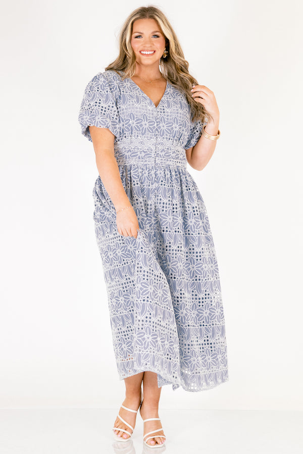 Chic Soul plus size clothing, ice blue maxi dress with bubble sleeves a v-neckline and a white eyelet floral pattern throughout the dress 