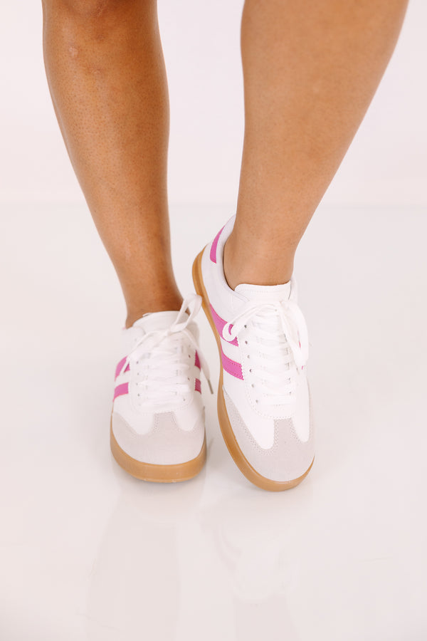 Chic Soul plus size clothing, white lace up sneakers and pink stripes with brown rubber soles