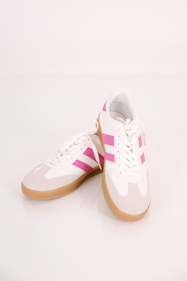 Chic Soul plus size clothing, white lace up sneakers and pink stripes with brown rubber soles