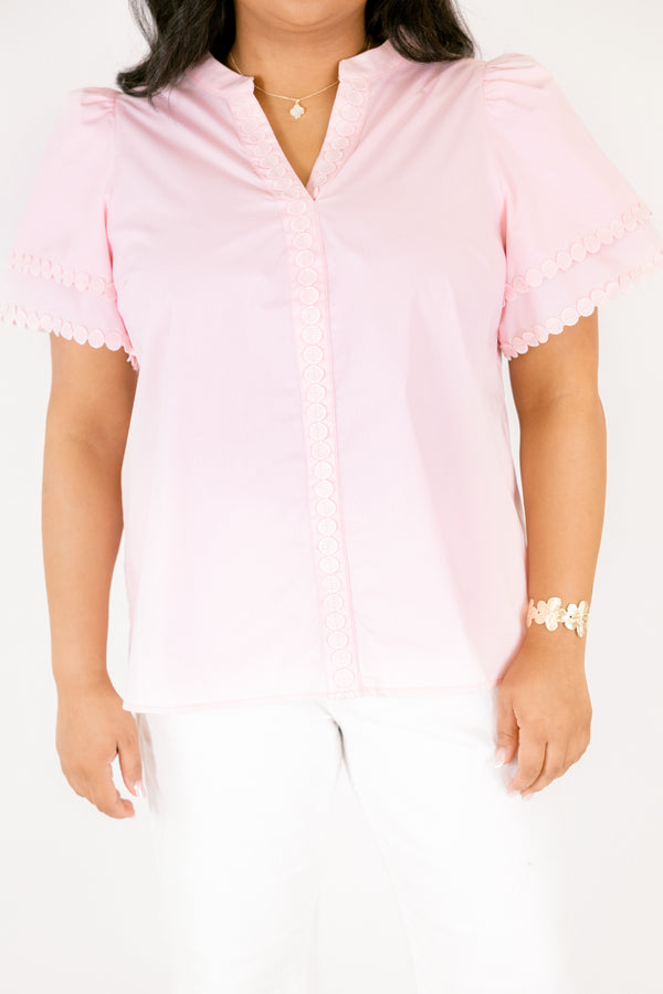 Chic Soul plus size clothing, pink top with flutter sleeves and circle scalloped detailing on the flutter sleeves v-neckline and going down the center of the shirt 