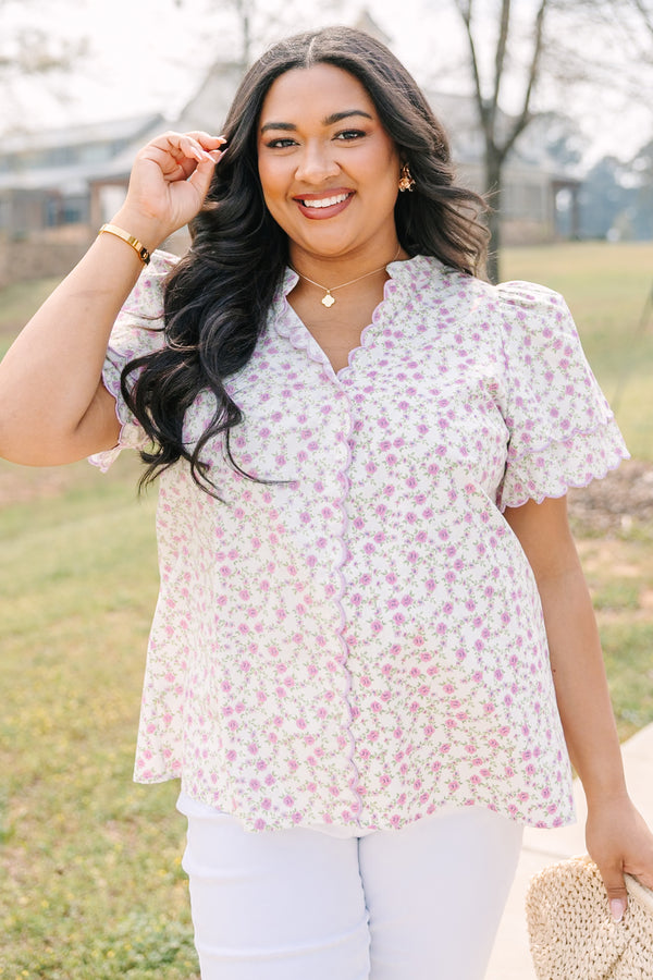 Chic Soul plus size clothing, white short sleeve top with purple and green floral print and scallop trim sleeves and v-neckline