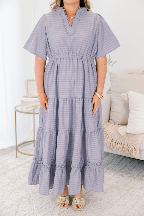 Chic Soul plus size clothing, light blue grid patterned short bell sleeve tiered maxi dress that cinches at the waist