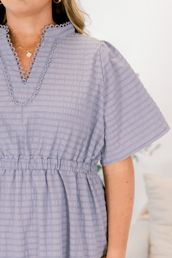 Chic Soul plus size clothing, light blue grid patterned short bell sleeve tiered maxi dress that cinches at the waist